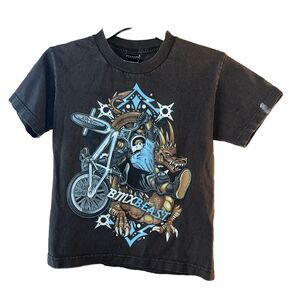 Vintage GWP Sport Shirt Boys Medium Blue Graphic Motocross BMX Beast Dino Dragon